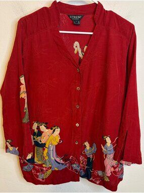 Vintage CITRON Santa Monica  90s Y2K Silk Blouse Boho ASIAN Geisha Red LARGE Fan